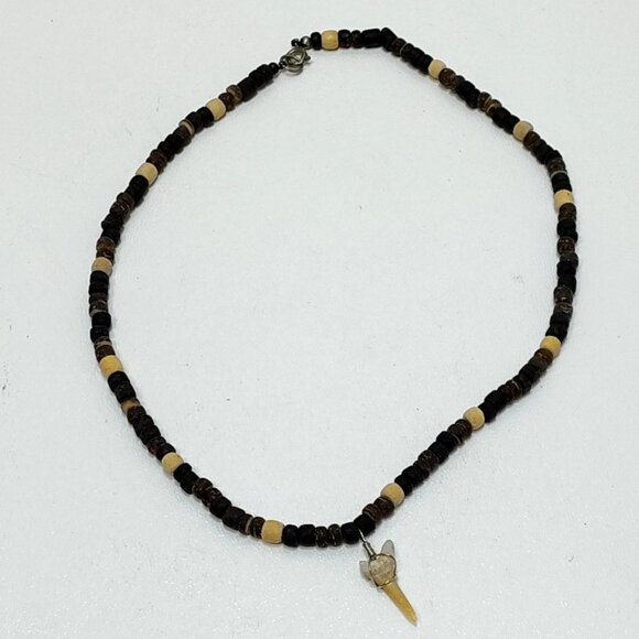 Shark Tooth Surfer Necklace Coconut Beads Natural Shell Black Stone Handmade VTG - Picture 1 of 7